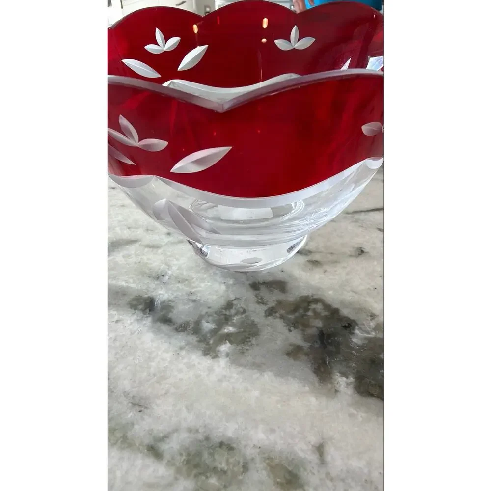 Lenox Ruby Red Hand Painted Crystal Glass Bowl Scalloped Edge Made in Romania